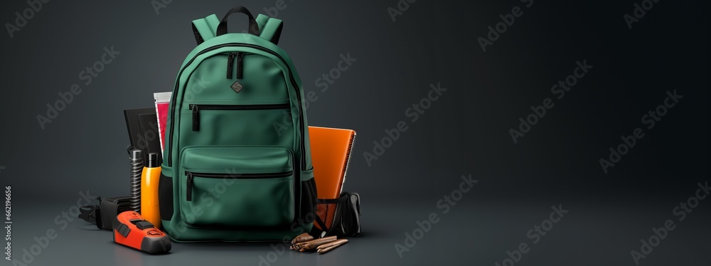 Back to school concept with student backpack with school supplies like books, pencils on a graduated color background with copy space
