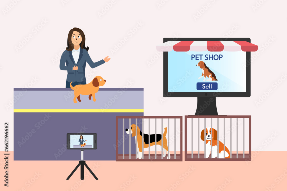 Woman selling dog on online pet shop website Woman selling dog on online pet shop website