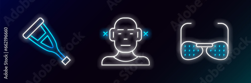 Set line Blind glasses, Crutch or crutches and Deaf icon. Glowing neon. Vector