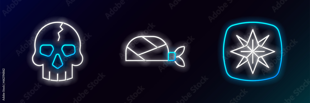 Set line Wind rose, Skull and Pirate bandana for head icon. Glowing neon. Vector Set line Wind rose, Skull and Pirate bandana for head icon. Glowing neon. Vector