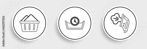 Set line Electric iron, Basin with soap suds and Time wash icon. Vector