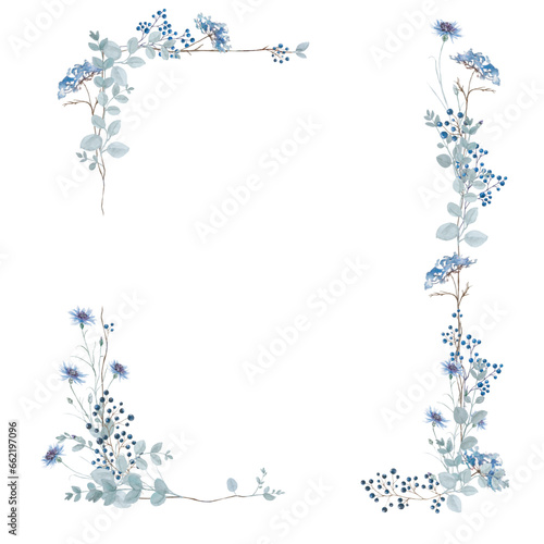 Flowers - Leaves bouquets Watercolor Blue  Frame flowers Aquarell Clipart, Einladun