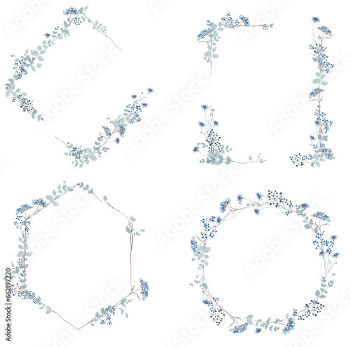 Flowers - Leaves bouquets Watercolor Blue  Frame flowers Aquarell Clipart, Einladun