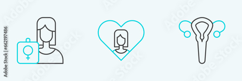 Set line Female reproductive system, Feminist activist and Heart with female icon. Vector