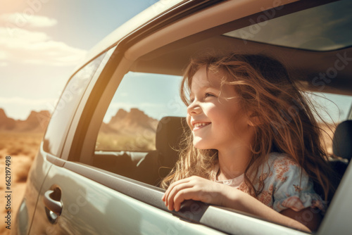 A little girl rides in a car and enjoys the views of the desert. Auto travel. Car trip. photo