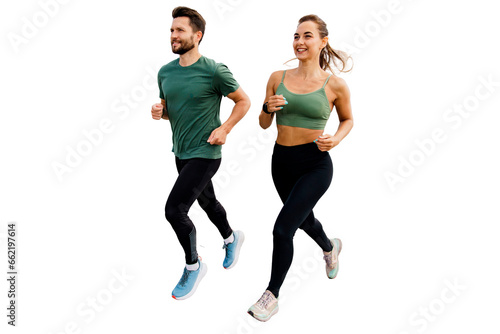 Friends active lifestyle time for sports. Active leg exercises in fitness clothes. Body Warm-up Two athletic people train a male instructor and a female client.   Transparent background.