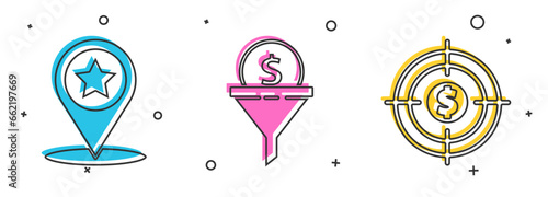 Set Map pointer with star, Lead management and Target with dollar icon. Vector