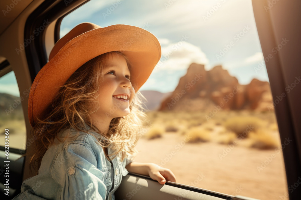 A little girl rides in a car and enjoys the views of the desert. Auto travel. Car trip.