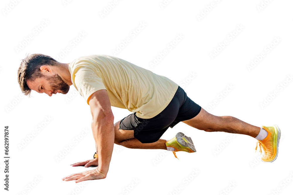 Warm-up for the body cardio. Plank exercises intensive training fitness strong man. A happy man sports a slim body. Mental and psychological health. Transparent background. Warm-up for the body cardio. Plank exercises intensive training fitness strong man. A happy man sports a slim body. Mental and psychological health. Transparent background.