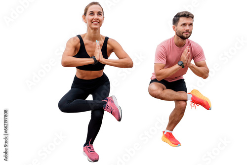 Warm-up yoga pose asana, two athletic people train a male instructor and a female client. Friends active lifestyle time for sports. Active exercises in fitness clothes. Transparent background.