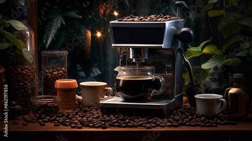 A high-definition photograph showcasing the coffee brewing process  with coffee beans  a dripping espresso machine  and a full cup of coffee  all set against a solid coffee-themed background