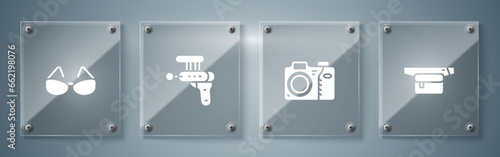 Set Waist bag of banana, Photo camera, Ray gun and Glasses. Square glass panels. Vector