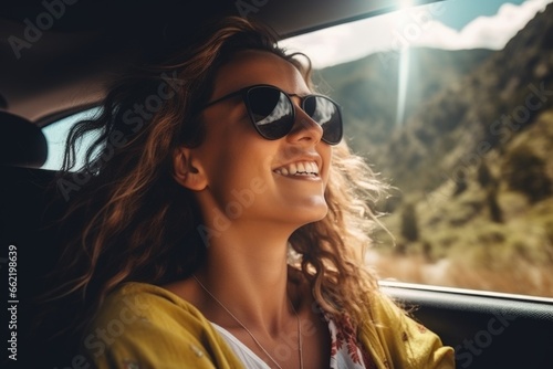 A woman rides in a car and enjoys the views of mountains and waterfalls. Auto travel. Car trip.