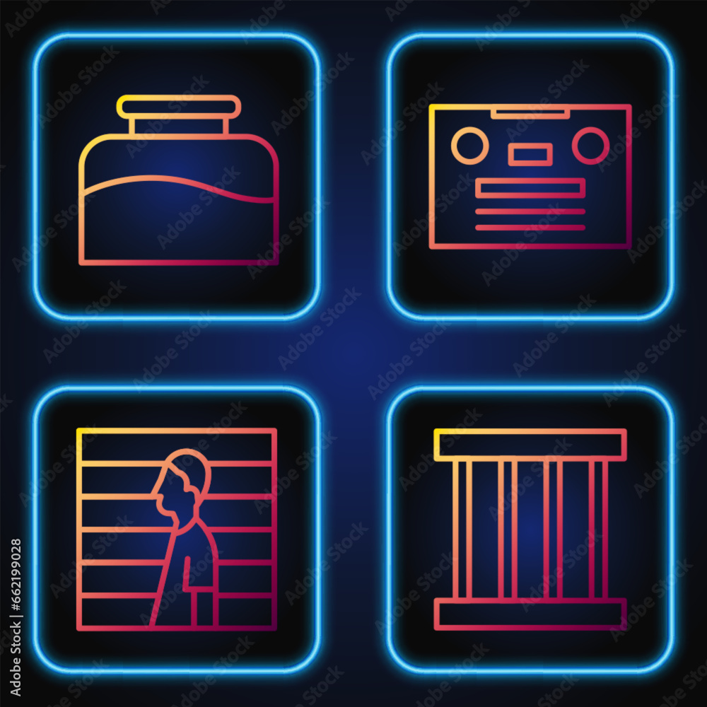 Set line Prison window, Suspect criminal, Inkwell and Retro audio cassette tape. Gradient color icons. Vector Set line Prison window, Suspect criminal, Inkwell and Retro audio cassette tape. Gradient color icons. Vector