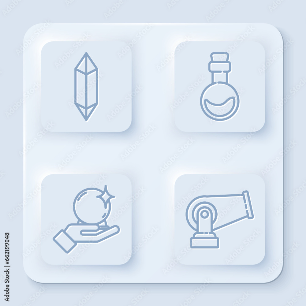 Set line Magic stone, Bottle with love potion, Magic ball on hand and Cannon. White square button. Vector Set line Magic stone, Bottle with love potion, Magic ball on hand and Cannon. White square button. Vector