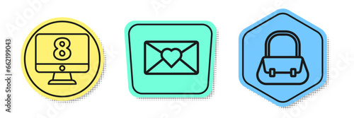 Set line 8 March on monitore, Envelope with 8 March and Handbag. Colored shapes. Vector