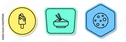 Set line Ice cream, Rice in bowl with chopstick and Cookie or biscuit. Colored shapes. Vector