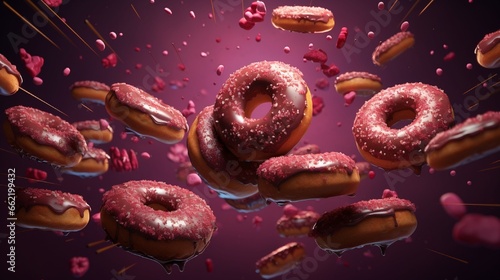 A meticulously captured scene of flying donuts against a rich burgundy background, emphasizing their vibrant colors