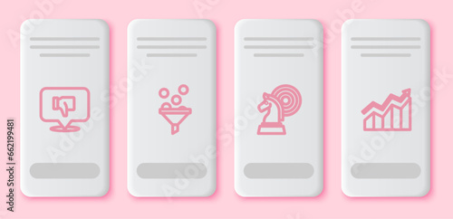 Set line Dislike in speech bubble, Lead management, Chess and Financial growth increase. White rectangle button. Vector