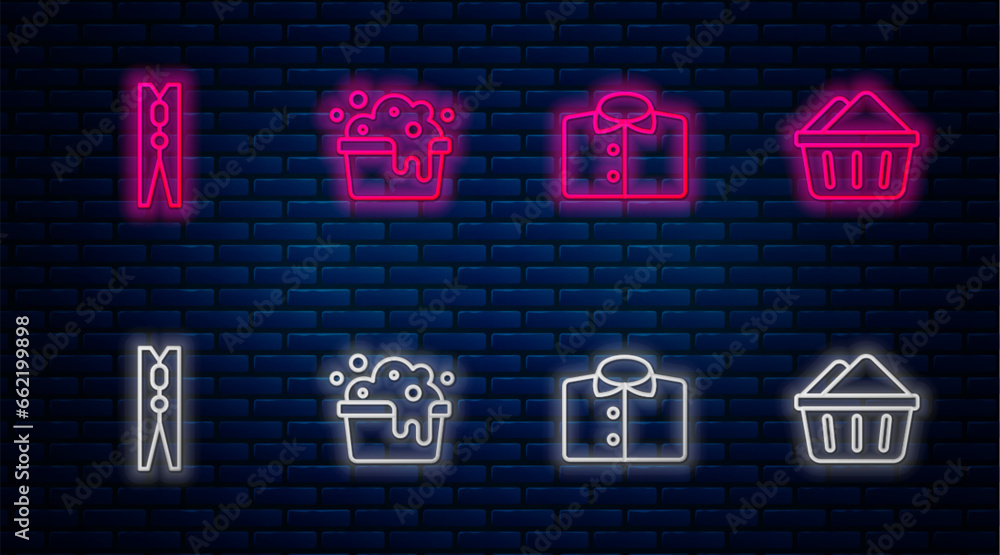 Set line Basin with soap suds, T-shirt, Clothes pin and . Glowing neon icon on brick wall. Vector Set line Basin with soap suds, T-shirt, Clothes pin and . Glowing neon icon on brick wall. Vector