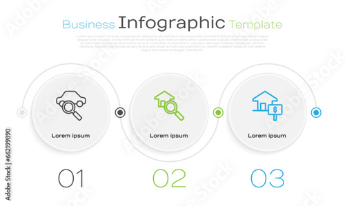 Set line Car sharing, Search house and House with dollar. Business infographic template. Vector