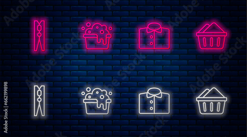 Set line Basin with soap suds, T-shirt, Clothes pin and . Glowing neon icon on brick wall. Vector