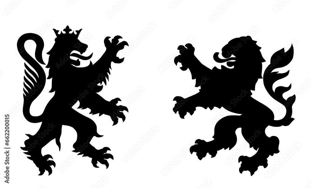 Wild beast lions fight battle vector silhouette illustration isolated. Heraldic lion. Animal symbol coat of arms. City in Europe seal. Shield Burgundy VS Hessen Hesse. France town VS Germany heraldry. - obrazy, fototapety, plakaty 