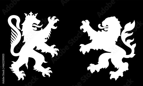 Wild beast lions fight battle vector silhouette illustration isolated. Heraldic lion. Animal symbol coat of arms. City in Europe seal. Shield Burgundy VS Hessen Hesse. France town VS Germany heraldry.