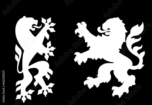 Wild beast lions fight battle vector silhouette illustration isolated on background. Heraldic lion. Animal symbol coat of arms. Seal of city in Europe. Shield Dresden VS Hessen Hesse. Germany towns.