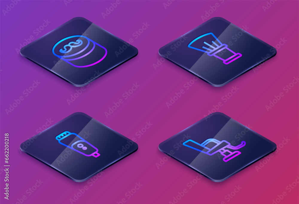 Set Isometric line Gel or wax for hair styling, Electric razor blade, Shaving brush and Barbershop chair. Blue square button. Vector Set Isometric line Gel or wax for hair styling, Electric razor blade, Shaving brush and Barbershop chair. Blue square button. Vector