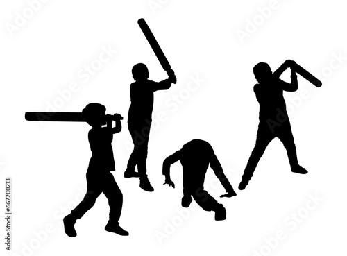 Angry boys with bat in fight vector silhouette illustration isolated on white. Bully kids beat abused friend. Rubber stick game on children playground. Frighten bullying victim begs for help on ground