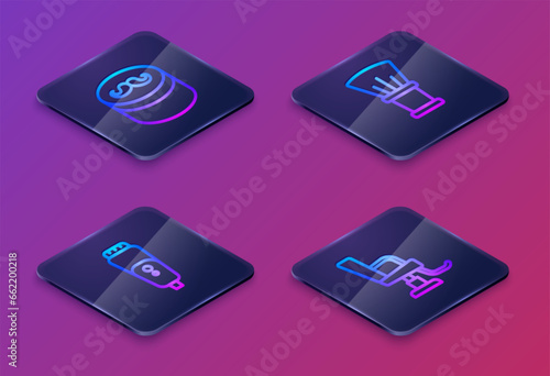 Set Isometric line Gel or wax for hair styling, Electric razor blade, Shaving brush and Barbershop chair. Blue square button. Vector