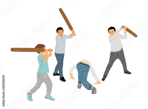Angry boys with bat in fight vector illustration isolated. Bully kids beat abused friend. Rubber stick game on children playground. Frighten bullying victim begs for help on ground. Street fighters.