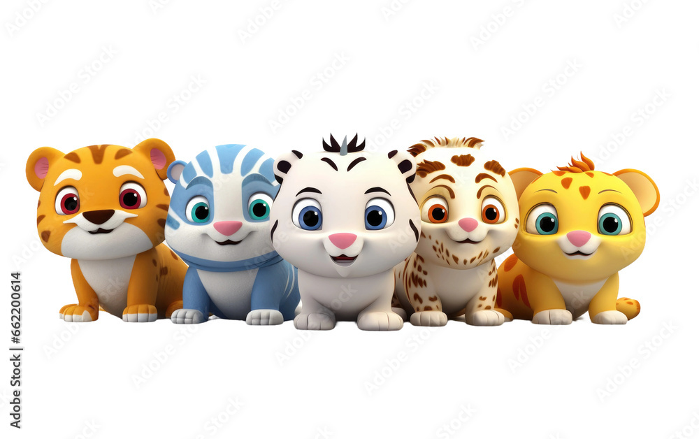 Different Tiger Bear 3D Cartoon Animals Isolated on Transparent Background PNG.