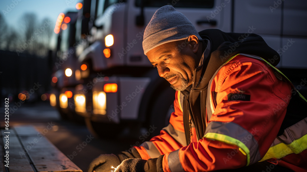 Safety First: A trucker performing a safety check before hitting the road, highlighting the commitment to safe transport. Safety First: A trucker performing a safety check before hitting the road, highlighting the commitment to safe transport.