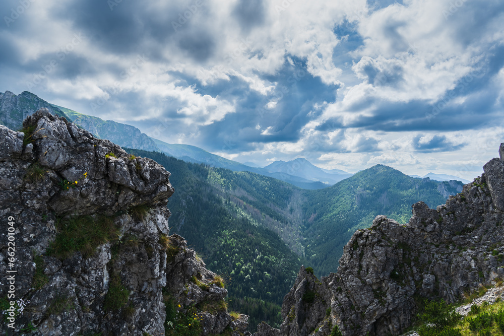 Rocky landscape in summer in the Tatra mountains between Poland and Slovakia.