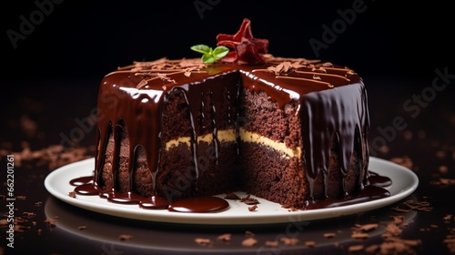 A mouthwatering image of a rich and moist chocolate cake with a glossy chocolate ganache glaze, set against a deep, luxurious dark chocolate background, accentuating its decadence