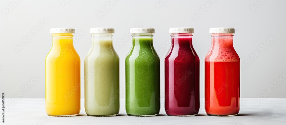 Glass bottled vegetable juices made from fresh raw ingredients using cold press method With copyspace for text Glass bottled vegetable juices made from fresh raw ingredients using cold press method With copyspace for text