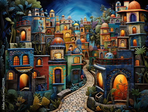 Colorful Mexican Talavera city skyline