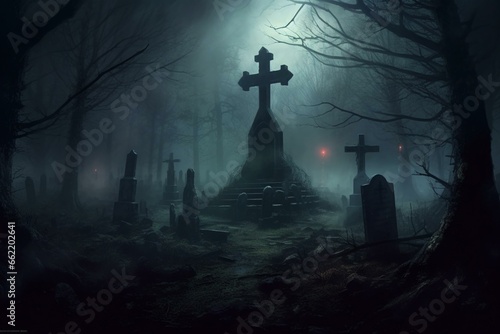 Eerie cemetery, Celtic gravestone, dark misty night. Halloween horror, art, illustration. Generative AI