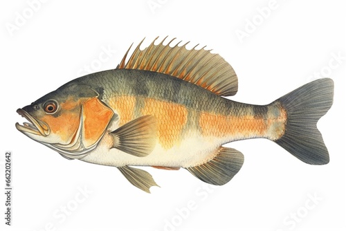 Colorful illustration of European perch, side view of the fish with multicolored skin, isolated on white background. By Edward Donovan, London 1802. Generative AI
