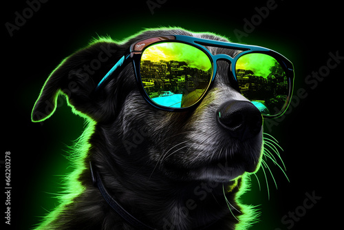 cute dog wearing glasses combination of neon lights, black background, 3d rendering, AI generative  © Salawati