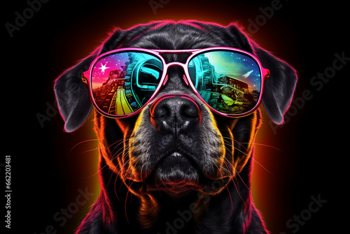 cute dog wearing glasses combination of neon lights, black background, 3d rendering, AI generative  © Salawati