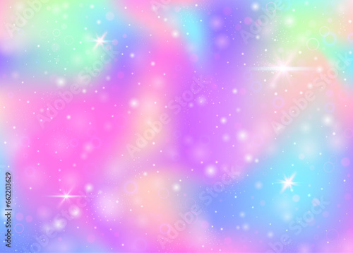 Hologram background with rainbow mesh. Kawaii universe banner in princess colors. Fantasy gradient backdrop. Hologram magic background with fairy sparkles, stars and blurs.
