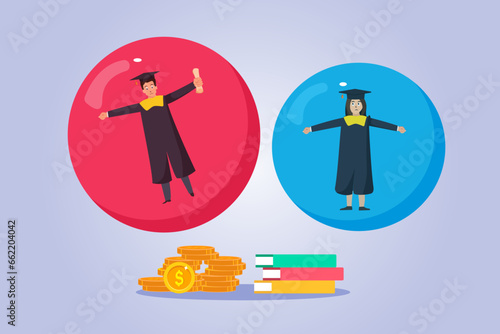 Education fee vector concept. College students inside the bubble with coins and books. 