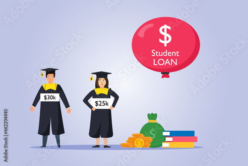 Student loan vector concept. College student with a debt tag, flat design illustration