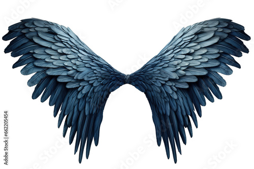 spread dark blue demon feather angel wings on transparent background