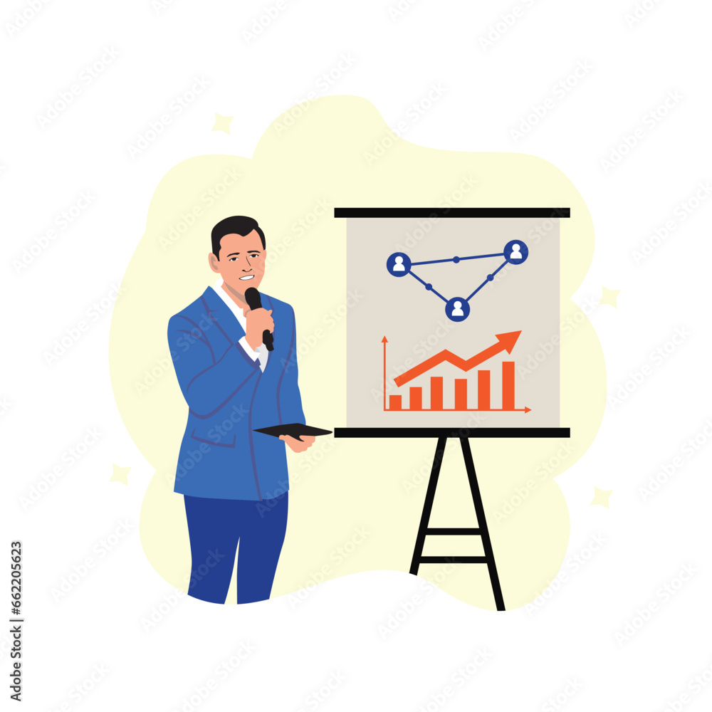 Businessman presenting graph on whiteboard. Flat style vector illustration. Businessman presenting graph on whiteboard. Flat style vector illustration.
