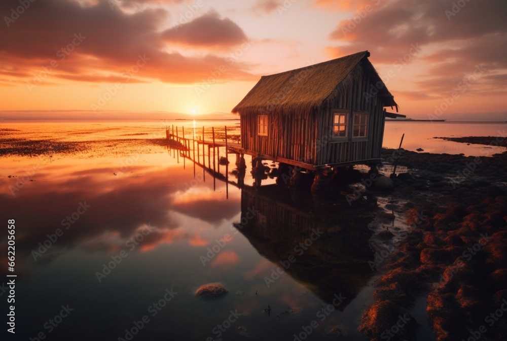 beautiful view of the hut on the beach with sunset in the evening. generative ai