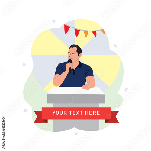 Vector illustration of a man speaking into microphone. Flat style design.